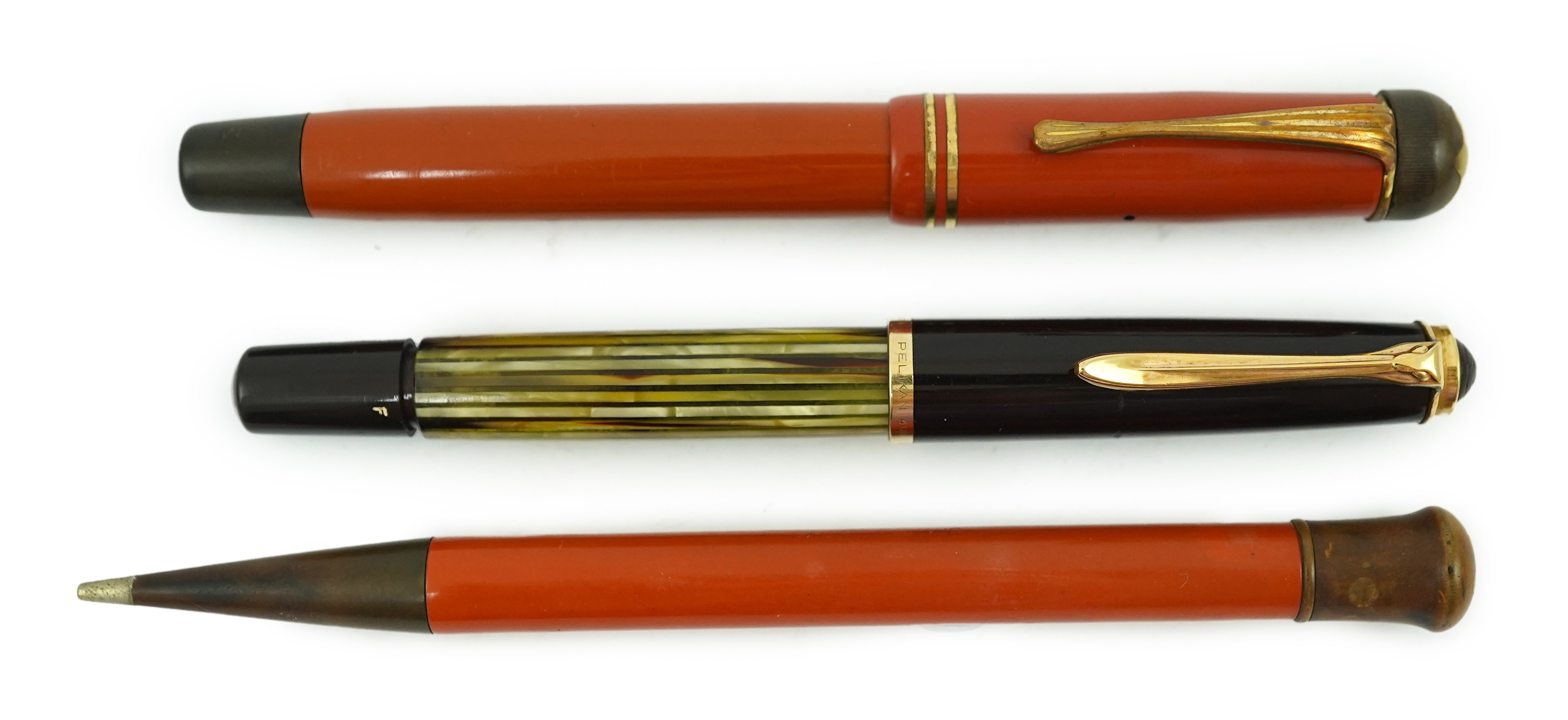 A Montblanc fountain pen, pencil plus a Pelikan fountain pen